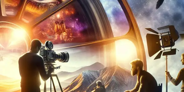 A bustling film set showcasing various camera lenses, actors, and lighting equipment, capturing a dynamic storytelling atmosphere.