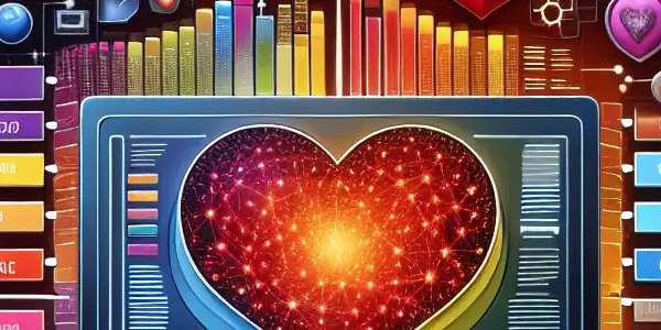 A high-tech database interface displaying colorful emotion tags, surrounded by symbols of passion and creativity against a futuristic cityscape.