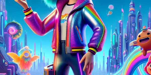 A vibrant futuristic world with a confident young hero, quirky characters, and playful elements in a lively digital realm.