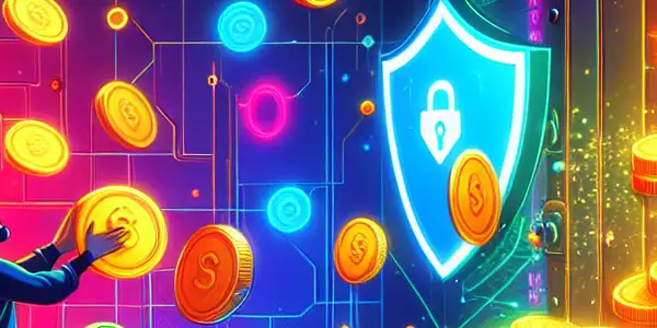 A vibrant digital landscape with diverse players joyfully collecting colorful virtual coins, emphasizing security and protection against malware.