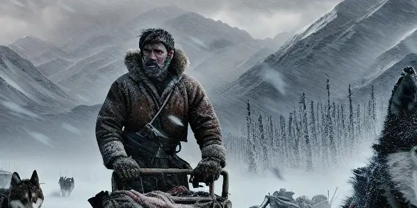 A determined sled dog leads a driver through a blizzard in a snowy Alaskan landscape, showcasing bravery and companionship.