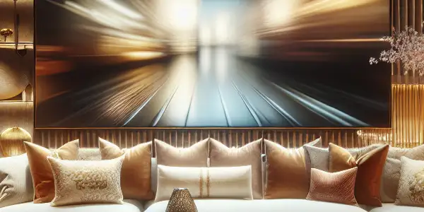 A modern, stylish Japanese adult film set featuring a cozy room with elegant decor and a large sofa.