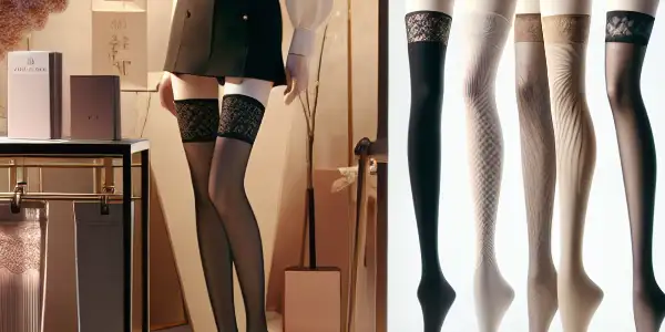A chic boutique display featuring elegant Japanese stockings, modeled by a confident woman in a stylish outfit.