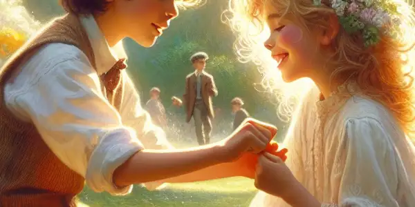 Two childhood friends playfully daring each other in a sunlit park filled with spring flowers.