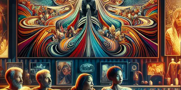 A cozy living room with diverse film enthusiasts enjoying classic movie scenes on a large screen.