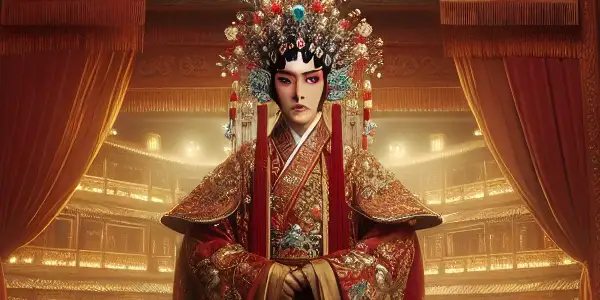 A Peking opera singer in an elaborate red and gold costume captivates a nostalgic audience on a grand stage.