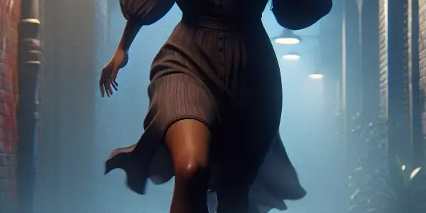 A young woman runs barefoot through a dark alley, fearfully glancing back at a lurking shadow.