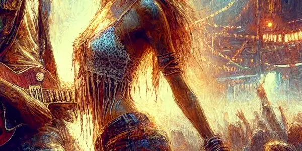 A passionate couple shares an intimate moment at a vibrant rock concert in London, surrounded by an energetic crowd.