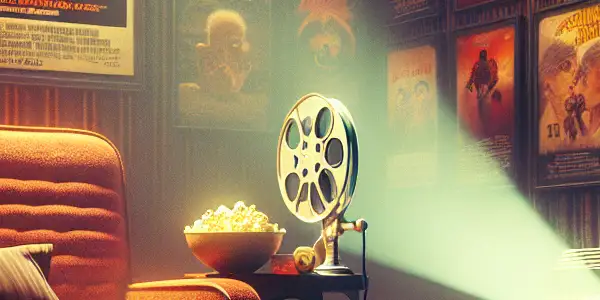 A cozy, dimly-lit room with a vintage film projector, nostalgic posters, and a plush armchair for movie night.