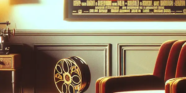 A vintage-inspired room filled with retro adult entertainment elements, featuring magazines, film reels, and classic posters.