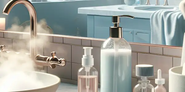 A serene bathroom scene featuring adult cleaning supplies, warm water, and calming decor for hygiene and care.