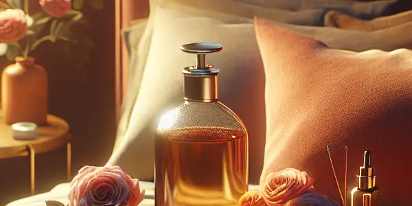 A cozy bedroom scene featuring massage oil, rose petals, and wellness items, promoting health and intimacy.
