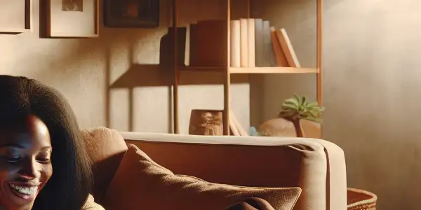 A diverse couple enjoying quality time together in a warmly lit living room with personal touches and a laptop.