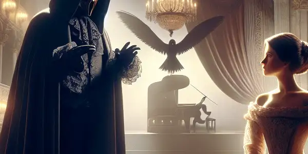 A mysterious Phantom and a captivated soprano share an emotional moment in the grand Paris Opera House.