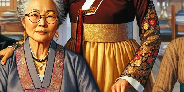 A tense family dinner scene featuring a powerful mother-in-law in a traditional Korean setting, highlighting emotional conflicts.