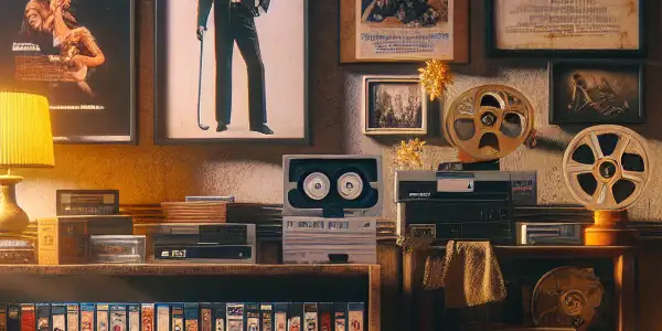 A cozy, dimly lit room filled with vintage adult entertainment memorabilia from the 1970s and 1980s.