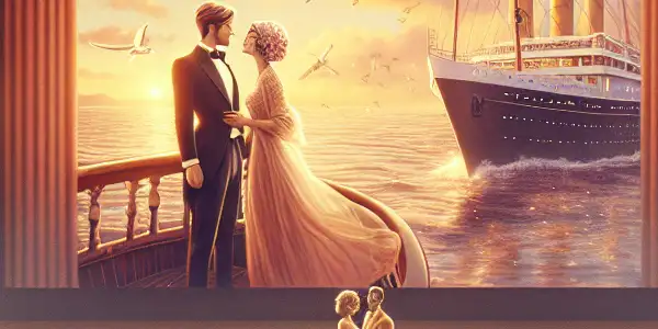 A vintage cinema scene showcasing iconic romantic moments from "Titanic" and "Roman Holiday," filled with warmth and nostalgia.
