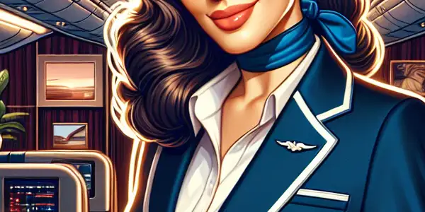 A glamorous flight attendant in a luxurious airplane interior, exuding elegance and confidence amidst aviation elements.