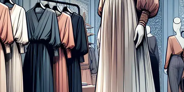 A chic boutique featuring a stylish mannequin in flowing AV clothing, surrounded by elegant outfits and a confident shopper.