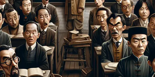 Quirky teachers engage in absurd activities in a rustic classroom, with a donkey peeking through the window.