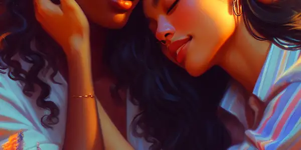 Two young women of diverse backgrounds share an intimate embrace in a cozy café at sunset, symbolizing love and connection.