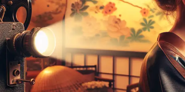 A nostalgic 1980s Japanese adult film set with a glamorous actress, vintage decor, and warm, inviting lighting.
