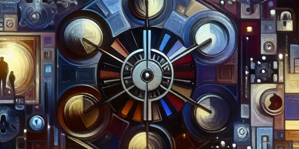 A modern virtual lounge showcasing vibrant film reels, symbols of privacy, and abstract representations of adult content.