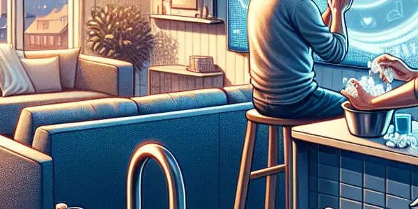 A cozy living room scene illustrating safe viewing practices for Japanese AV films, featuring hygiene and privacy elements.