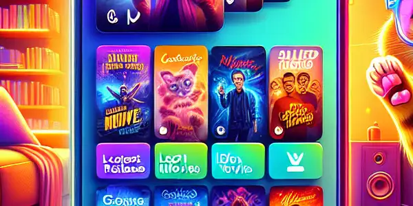 A lively digital illustration of a streaming app interface featuring a cat mascot in a cozy living room.