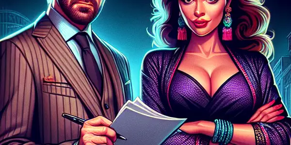 A quirky actor and a confident woman share a humorous moment on a neon-lit city street, surrounded by shadowy gangsters.