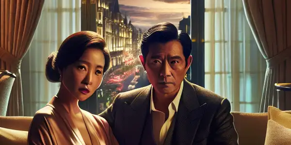 A middle-aged couple shares an intimate moment in a luxurious hotel room, hinting at emotional conflict and desire.