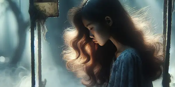 A melancholic girl sits on a swing in an enchanted forest, lost in contemplative sadness.