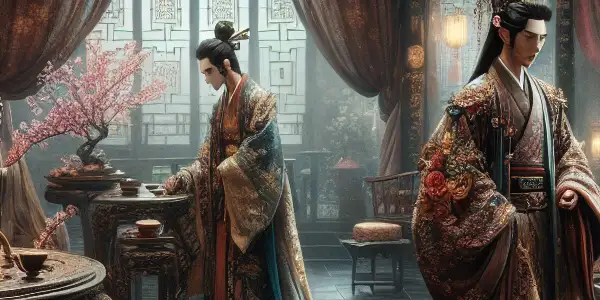 A tense conversation between Pan Jinlian and Ximen Qing in a lavish Ming Dynasty interior.