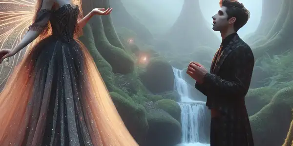 A fairy and a young man share a tender moment in a magical, illuminated forest.<a href=