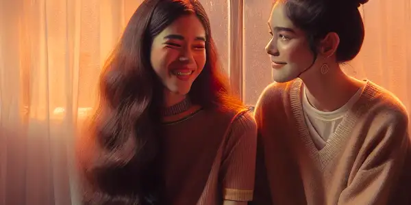 Two young women share a joyful moment in a cozy room, reflecting their close relationship and love amidst societal pressures.