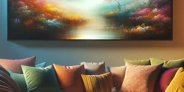 A cozy indoor space with a plush sofa, warm lighting, tea, books, and modern technology for relaxation.