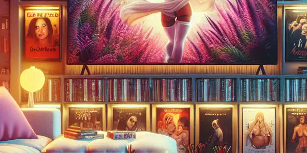 A cozy living room with a plush sofa, a large TV displaying an enticing movie cover, and shelves of DVDs.