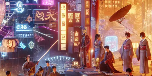 A futuristic Japanese adult film set blending traditional aesthetics with advanced virtual reality technology and diverse characters.