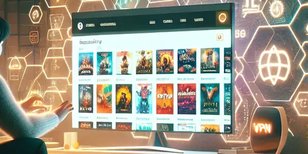 A cozy living room with a person using a high-tech computer to explore a diverse adult content website safely.