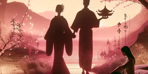 A cozy, intimate room with elegant Japanese decor, a couple enjoying relaxation, and abstract adult content on screen.<a href=