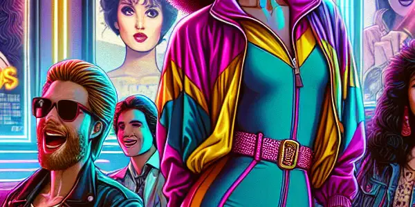 A lively 1980s cinema scene with diverse moviegoers, neon lights, vintage posters, and a stylish Japanese actress.