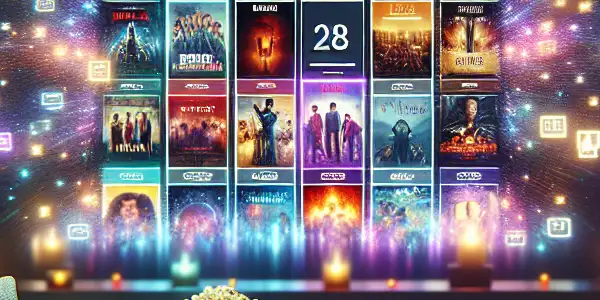 A cozy home cinema setup featuring a vibrant digital interface with adult film thumbnails and a relaxing atmosphere.