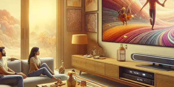 A cozy living room with a couple enjoying a vibrant film on a large screen, surrounded by inviting decor.