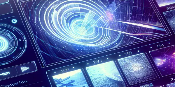 A futuristic digital interface showcasing vibrant thumbnails of Japanese AV films with a sleek search bar and ambient glow.