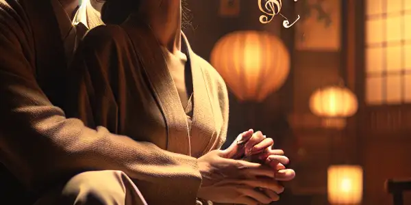 A couple shares an intimate moment in a dimly lit room, surrounded by elegant decor and musical elements.