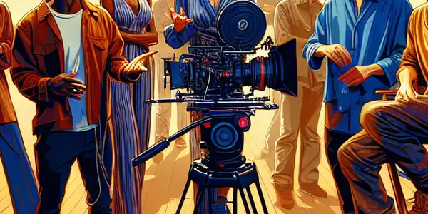 A vibrant film production scene featuring diverse actors and crew discussing a Japanese AV-inspired project in a well-equipped studio.