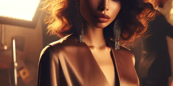 A confident calendar girl poses in a stylish photography studio, surrounded by warm lighting and elegant decor.