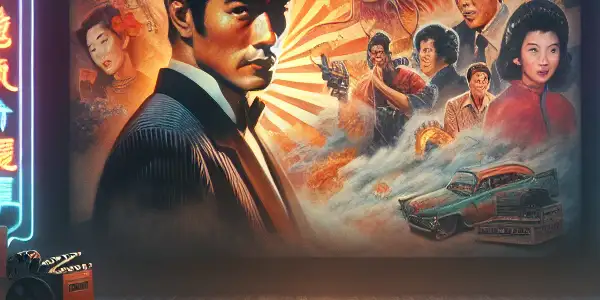 A nostalgic 1980s Hong Kong movie theater featuring a dramatic poster of actor Anthony Wong amidst flickering neon lights.