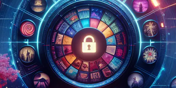 A futuristic digital interface showcasing a vibrant library of adult movie thumbnails with secure features and Japanese aesthetic elements.