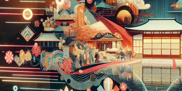 A modern online platform interface for Japanese adult films, featuring vibrant pop culture graphics and a cozy viewing environment.